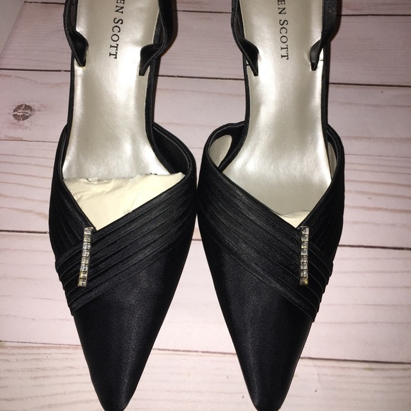 black satin pumps with rhinestones